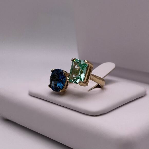 14k Gold Two Stone Ring London Blue Mint Green Spinel Negative Space Adjustable - Picture 3 of 10
